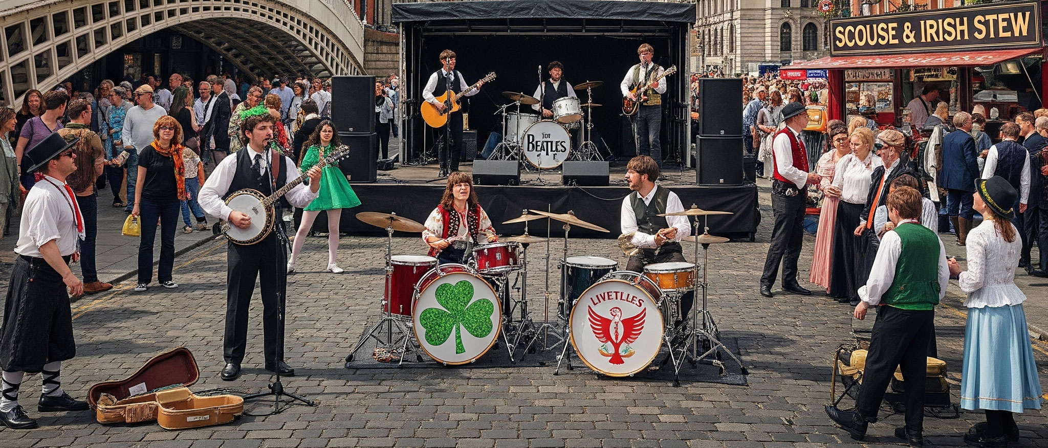 A vibrant street festival scene showing a collaboration between Dublin and Liverpool to host a Beatles festival. A large banner hangs above the street with the words "Dublin and Liverpool Present The 1st Beatles Festival" and the city crests on either side. In the background, Dublin's Ha'penny Bridge is visible on the left, and Liverpool's Royal Liver Building is on the right. A band performs on a stage in the center, while musicians in traditional Irish attire play instruments in the foreground. People of all ages are mingling and enjoying the music, and a food stall advertises "Scouse and Irish Stew," highlighting the cultural fusion.