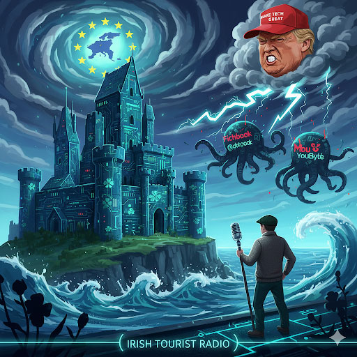A towering fortress made of digital circuits and code, representing the EU, fends off shadowy, tentacled tech giants in a digital storm.