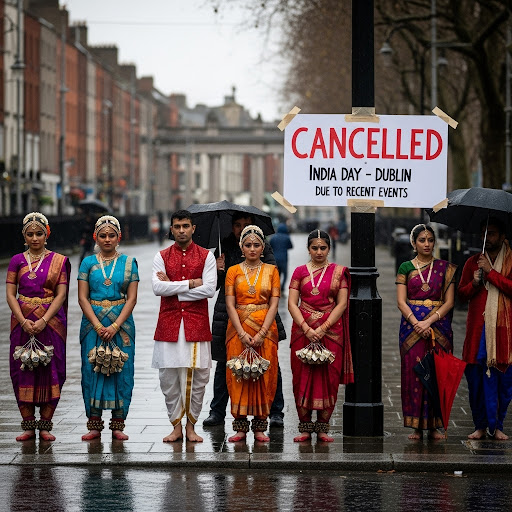 A diverse group of people in traditional Indian attire, including classical dancers, stand on a rainy Dublin street. A large sign reads "CANCELLED India Day - Dublin DUE TO RECENT EVENTS."