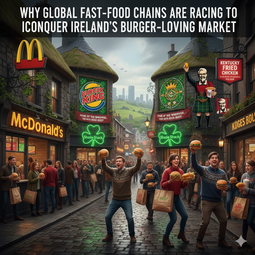 Fast food chains in an Irish setting with excited burger-eating people.
