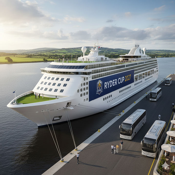 A luxurious cruise ship docked by a tranquil green landscape, featuring a large banner for the "Ryder Cup 2027" and buses awaiting passengers who are disembarking, suggesting its use as a floating hotel for golf fans.