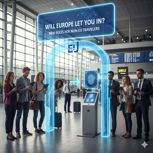 A diverse group of people from various non-EU countries, holding passports and looking towards a stylized gate or border crossing with "EU" subtly integrated into its design, implying new travel regulations.