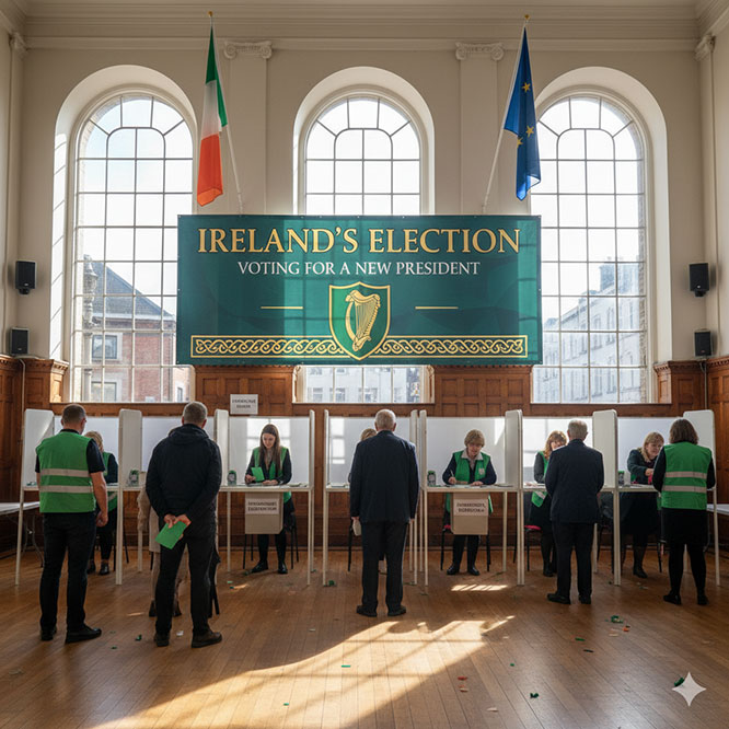 A wide shot of a brightly lit polling station in a hall with tall arched windows. Several people stand at voting booths or are being processed by election officials. A large green banner hangs centrally, reading "IRELAND'S ELECTION VOTING FOR A NEW PRESIDENT" with the Irish coat of arms. Irish and European Union flags hang on either side of the banner.