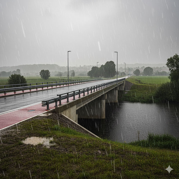 Close-up, ground-level view of the new Navan Distributor Road 4 bridge crossing the River Blackwater on a rainy day, showing traffic, a cycle path, and reflections on the wet asphalt.