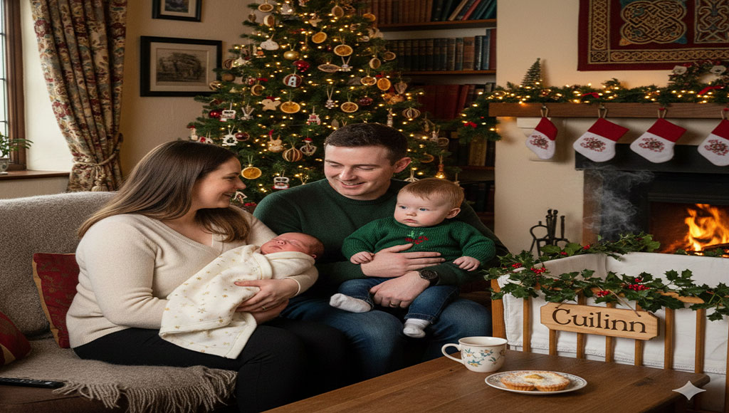 An Irish family of four sitting in a cozy living room decorated for Christmas. The mother holds a newborn baby, and the father holds a toddler in a green sweater. In the foreground, there is a wooden crib decorated with holly and a wooden sign that reads "Cuilinn." A Christmas tree with dried fruit ornaments and a roaring fireplace are in the background.