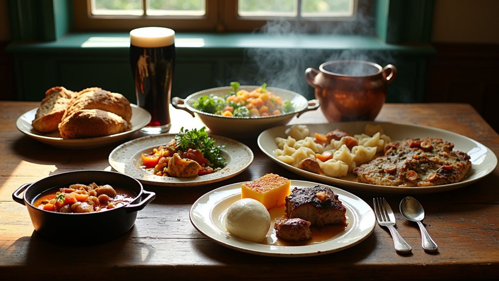 Traditional Irish food spread on a rustic wooden table featuring stew, soda bread, mashed potatoes, vegetables, and a pint of stout in a cosy pub setting.