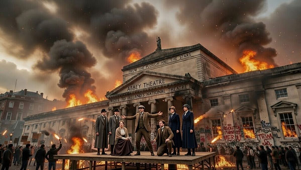 A dramatic theatrical poster showing the Abbey Theatre in Dublin ablaze with massive orange flames and dark smoke billowing into the sky. In the foreground on a raised wooden platform, a group of six actors in 1910s–1920s Irish working-class attire (including flat caps, suits, a long dress, and overcoats) pose boldly—one man with arms outstretched—surrounded by a turbulent crowd holding torches and protest placards. The theatre facade reads "ABBEY THEATRE" with additional signage "FROM THE PLOUGH AND THE STARS" and "NATIONAL THEATRE." The overall scene evokes chaos, revolution, and defiance during the Easter Rising era.