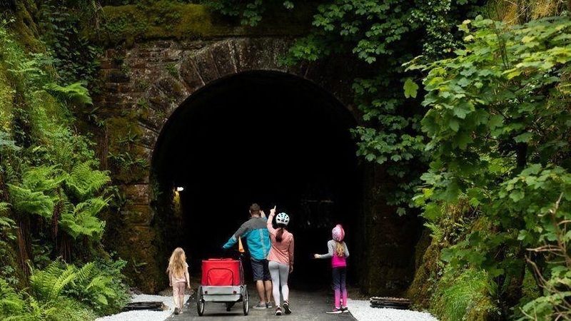 A family of four stands at the entrance of a dark stone tunnel on the Limerick Greenway. The tunnel is surrounded by dense, vibrant green ferns and moss-covered walls. One adult points toward the tunnel while two children and another adult look on, accompanied by a red bicycle trailer.