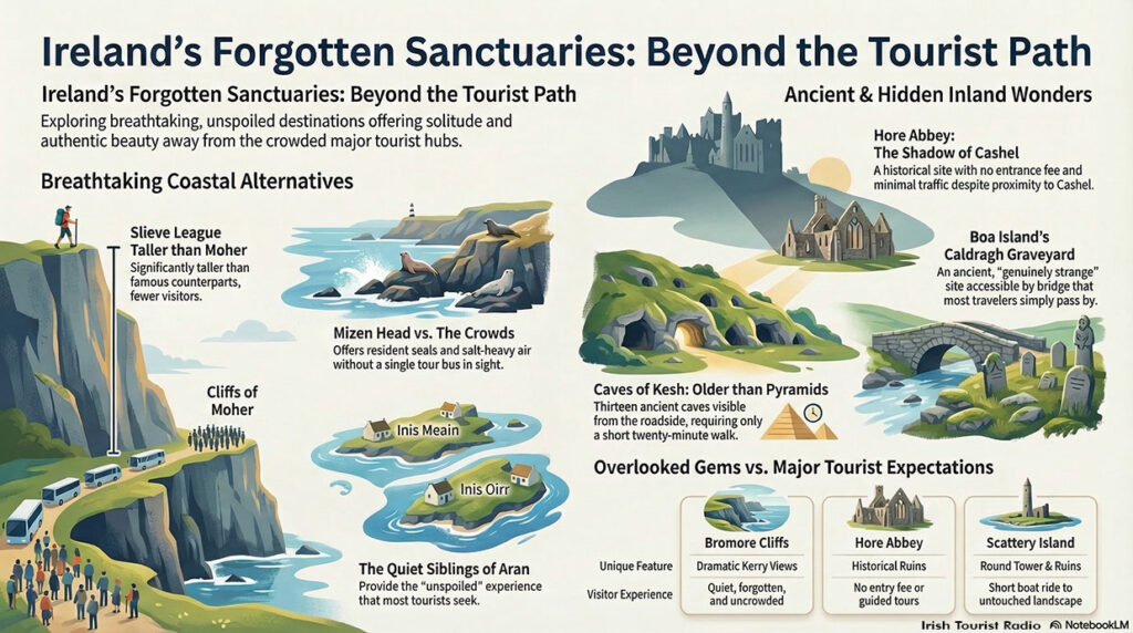 Infographic OverviewThe image is divided into three main sections: coastal alternatives, inland wonders, and a comparative table. It uses a soft, illustrated style to emphasize the tranquility of these "forgotten" sites.1. Breathtaking Coastal AlternativesThe left side of the graphic highlights quieter seaside locations:Slieve League: An illustration shows a massive cliff face significantly taller than the Cliffs of Moher. A comparison line shows Moher crowded with tour buses and people, while Slieve League is depicted with a lone hiker.Mizen Head: Described as "Mizen Head vs. The Crowds," featuring resident seals and salt-heavy air without tour buses.The Quiet Siblings of Aran: Focuses on Inis Meain and Inis Oirr as "unspoiled" alternatives to the more famous Aran Islands.2. Ancient & Hidden Inland WondersThe right side explores historical sites:Hore Abbey (The Shadow of Cashel): A historical site with no entrance fee and minimal traffic, located very close to the famous Rock of Cashel.Boa Island’s Caldragh Graveyard: Described as a "genuinely strange" ancient site accessible by bridge that many travelers miss.Caves of Kesh: Thirteen ancient caves noted for being "Older than Pyramids," requiring only a short twenty-minute walk from the roadside.3. Overlooked Gems vs. Major Tourist ExpectationsA comparison table at the bottom summarizes three key "gems":FeatureBromore CliffsHore AbbeyScattery IslandUnique FeatureDramatic Kerry ViewsHistorical RuinsRound Tower & RuinsVisitor ExperienceQuiet, forgotten, and uncrowdedNo entry fee or guided toursShort boat ride to untouched landsca