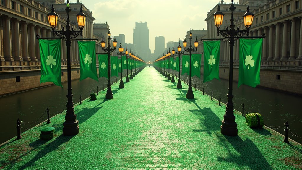 An artistic, symmetrical view of a bright green river lined with black ornate lamp posts. Each lamp post holds a vibrant green banner featuring a white three-leaf shamrock. Neoclassical buildings with many columns line the water under a soft, hazy sky.