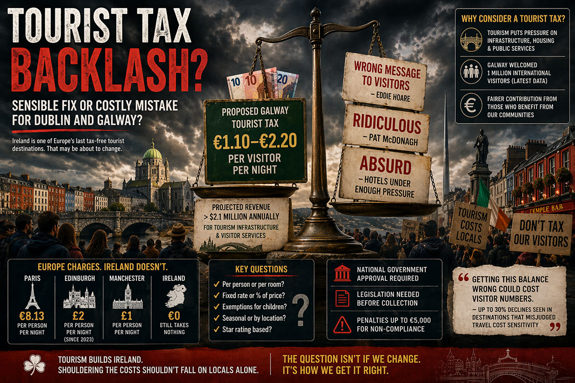 Editorial infographic showing a proposed tourist tax in Ireland, comparing charges in Paris (€8.13), Edinburgh (£2), and Manchester (£1), with a balance scale weighing economic benefits against criticism, set against a Galway-style waterfront backdrop.