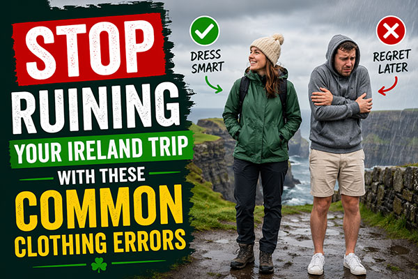 Tourists on a windy Irish cliffside showing correct and incorrect clothing choices—one dressed in waterproof layers and hiking gear, the other in shorts and a hoodie looking cold and uncomfortable.