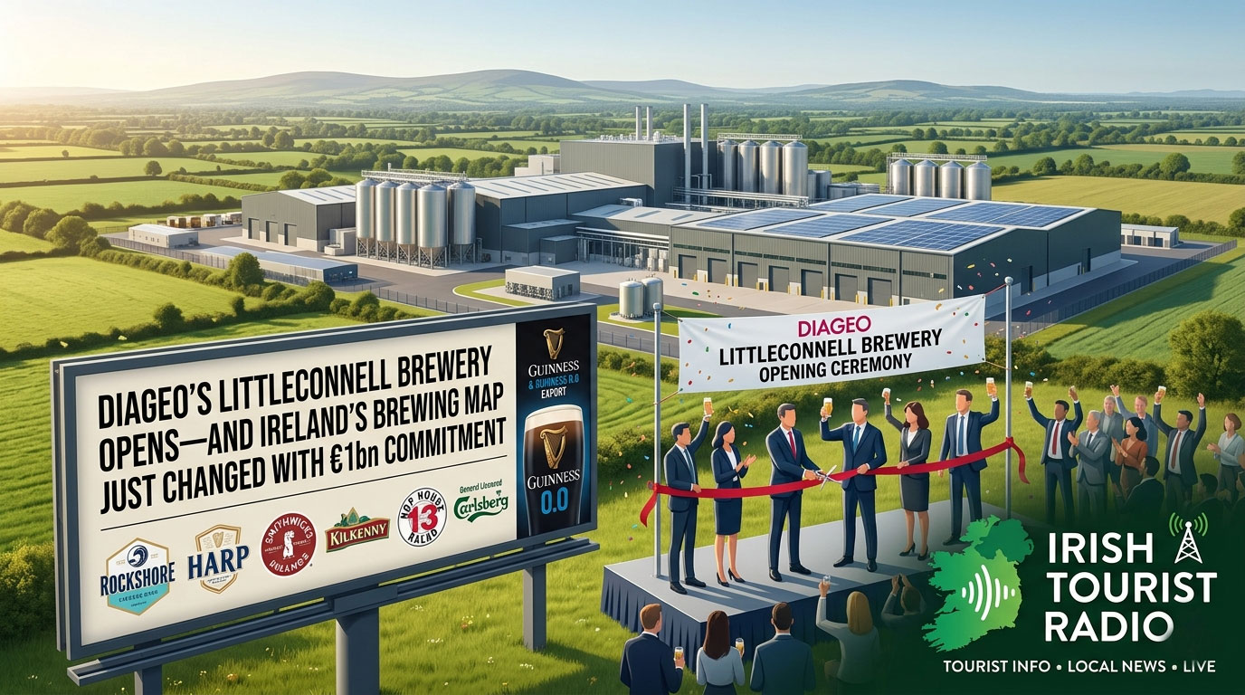 : A digital illustration of the new Diageo Littleconnell Brewery in Ireland, featuring an opening ceremony with a ribbon-cutting, a large promotional billboard, and an expansive modern industrial facility set against a lush green landscape.