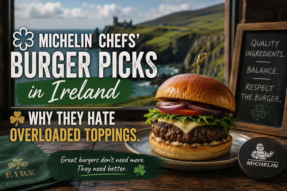 Michelin Chefs’ Burger Picks in Ireland promotional banner featuring a gourmet Irish-style burger with balanced toppings, rustic restaurant setting, and dramatic Irish coastal cliffs in the background.